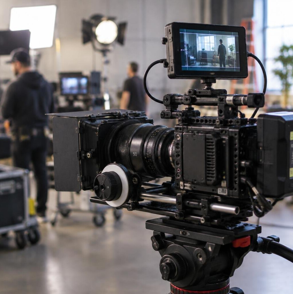 Film camera rig with monitor on a production set