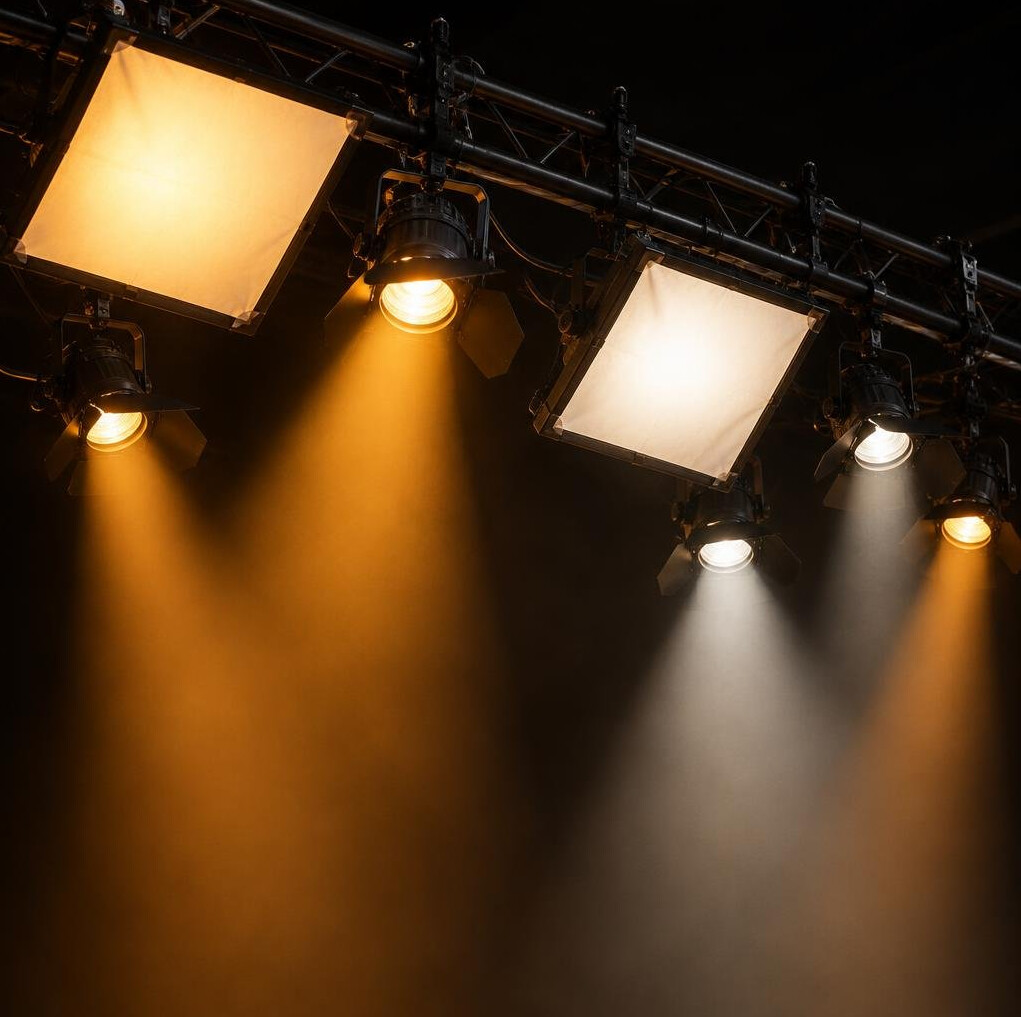 Stage lighting rig with multiple colored lights