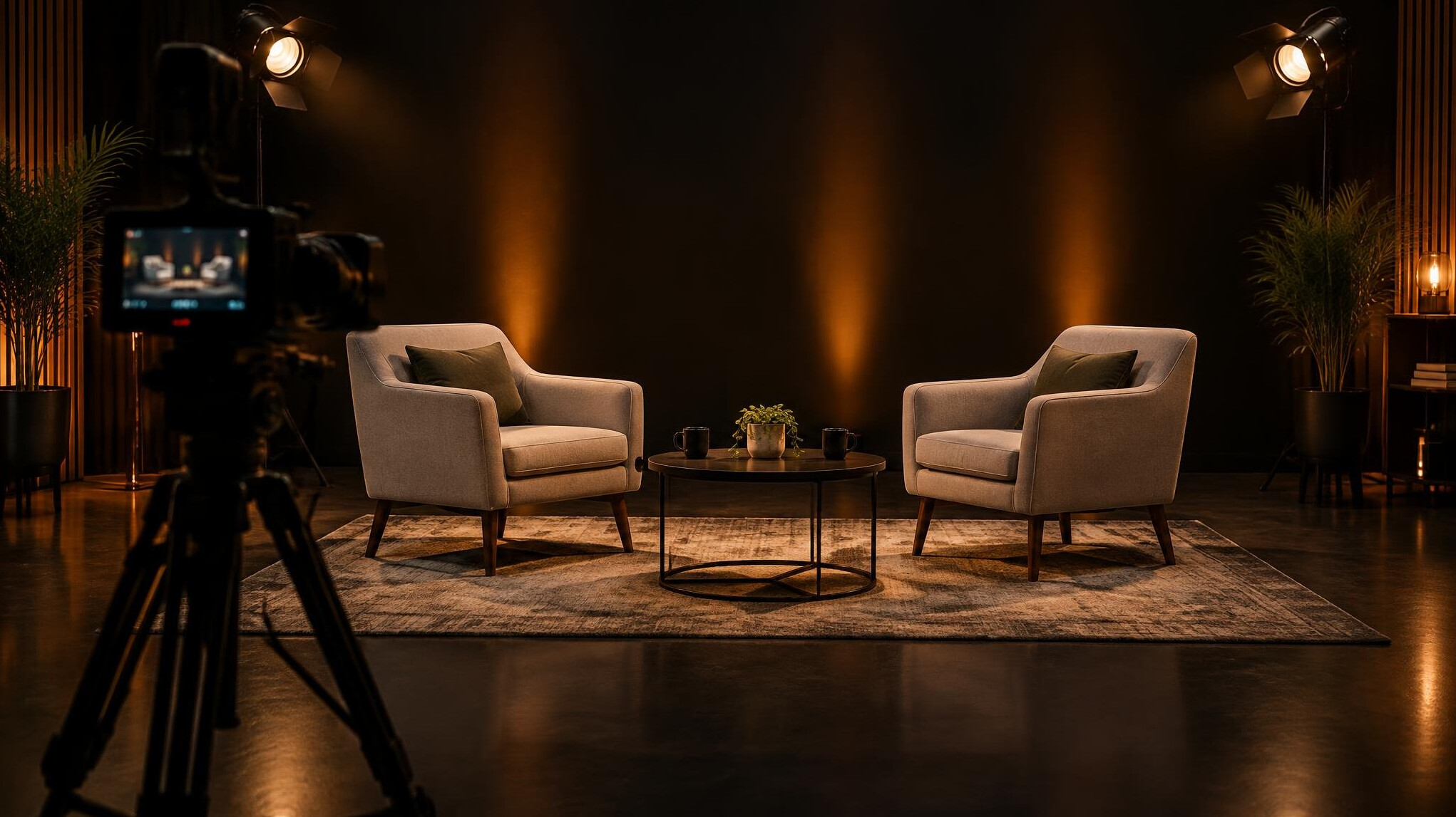 Television interview studio with two chairs and warm stage lights