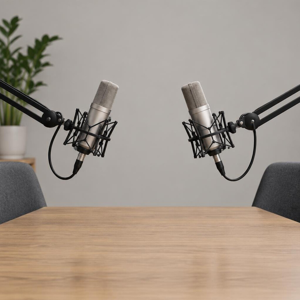 Two microphones set up for an interview on a table