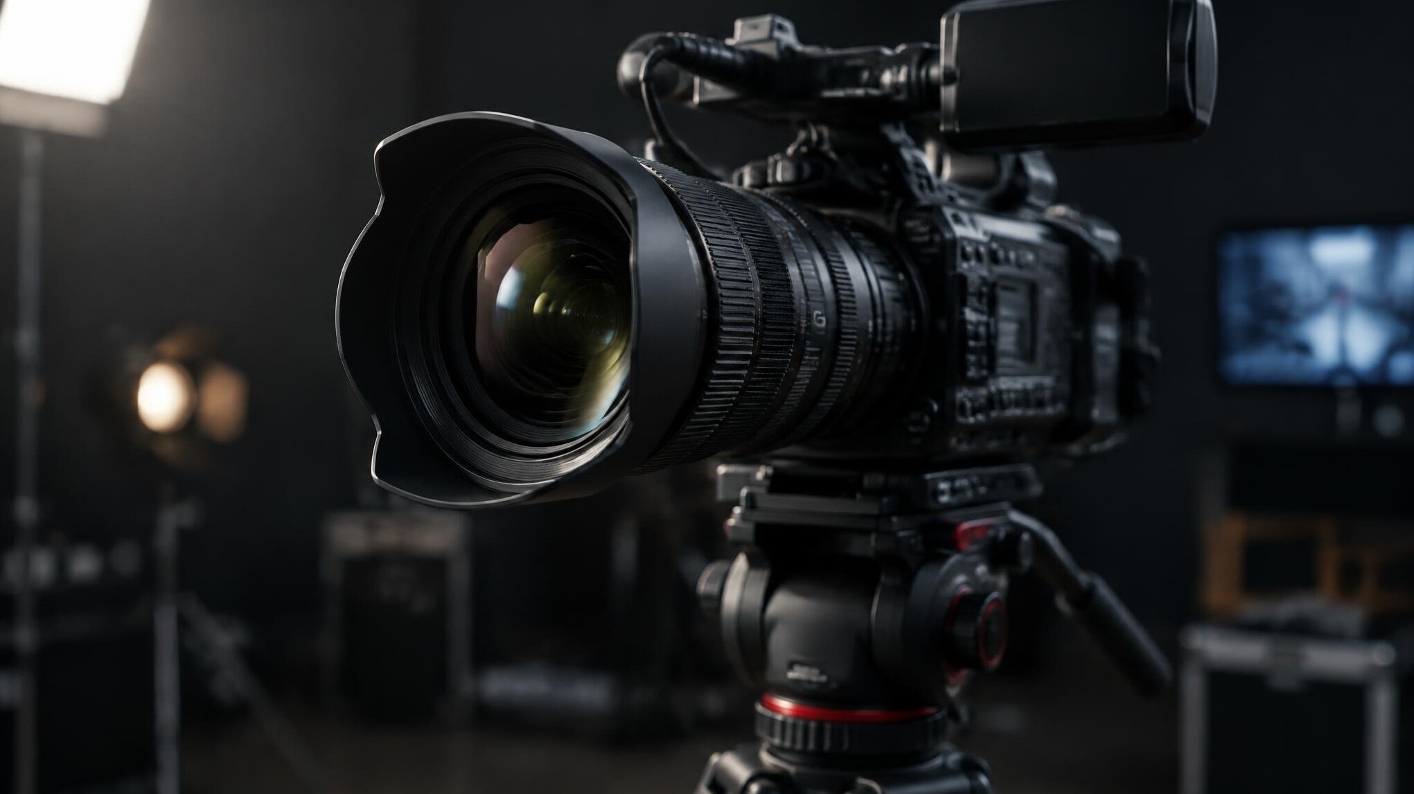 Professional camera with lens on a tripod in a studio