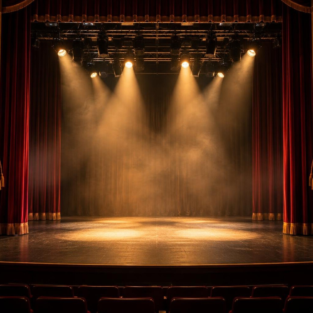 Theatre stage with spotlights and red curtain